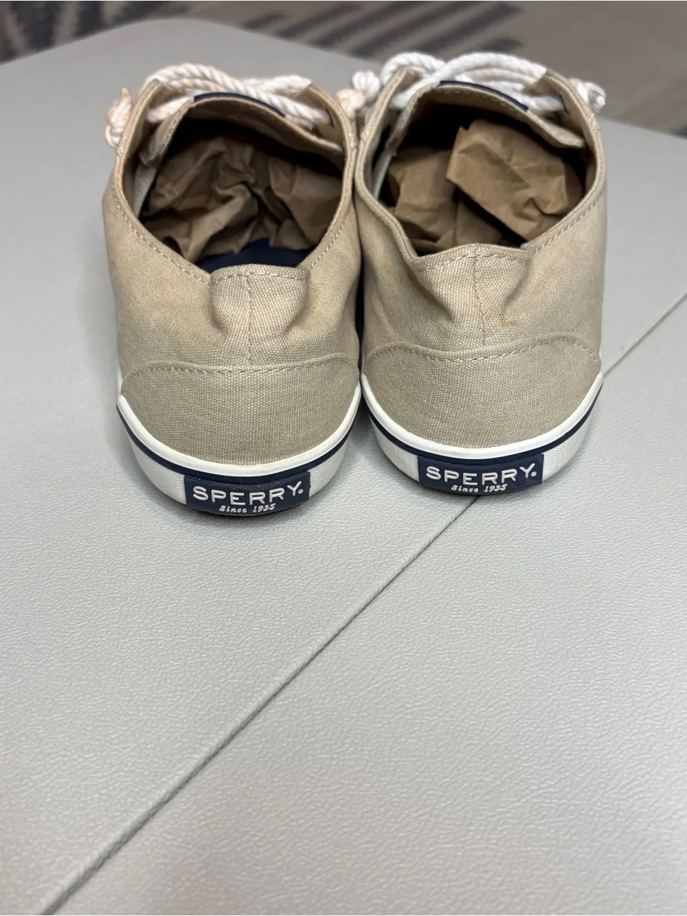 Sperry Beige Canvas Boat Shoes with White Soles 8